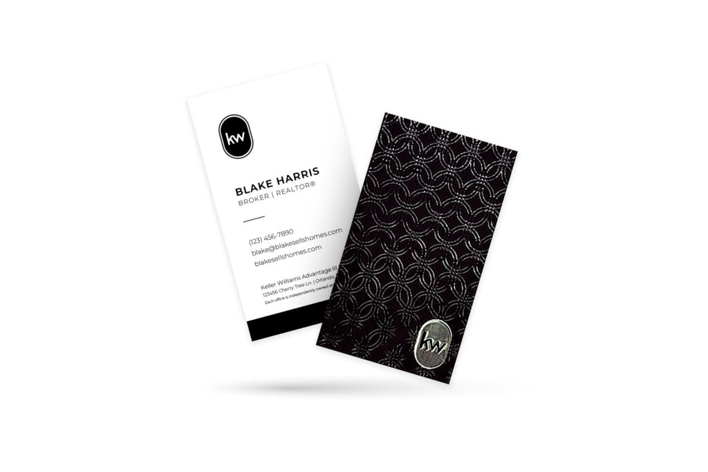 Vertical Black White Foil Logo Spot UV Pattern KW Business Card